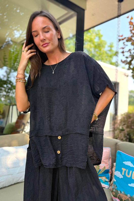 Tasha Damask Cap Sleeve Button Top Black